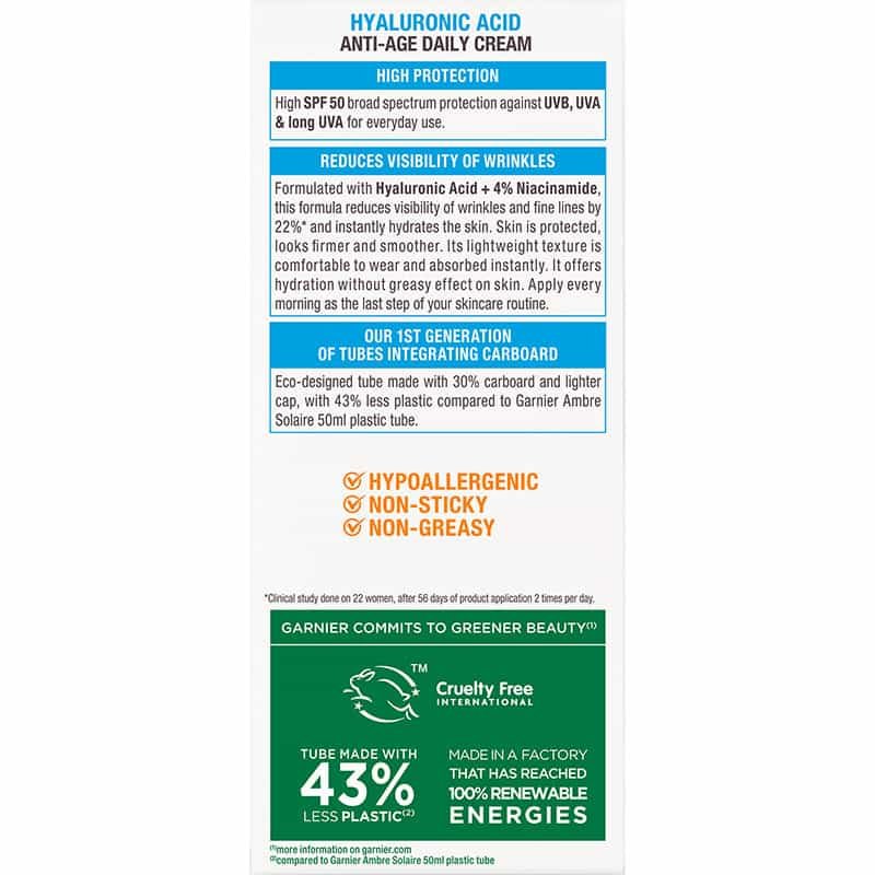 Αντηλιακή Αντιρυτιδική Κρέμα Προσώπου με SPF50 & Υαλουρονικό Οξύ Προϊόν από Πίσω